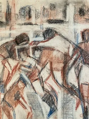 Peinture Rugby Fusain 1960 Sur Papier Sport Ballon A Identifier Art Stade