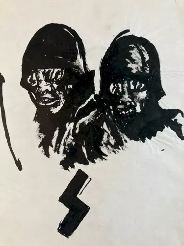 Peinture Soldate Casque Tête Mort Gouache 1960 Curiosité Art Encre Guerre
