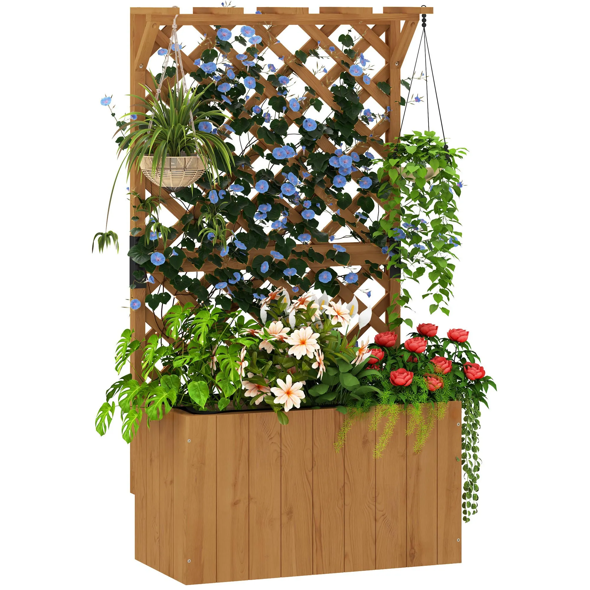 Wooden Planter Natural Freestanding Raised Garden Bed with Trellis Drainage Holes Outdoor Planter