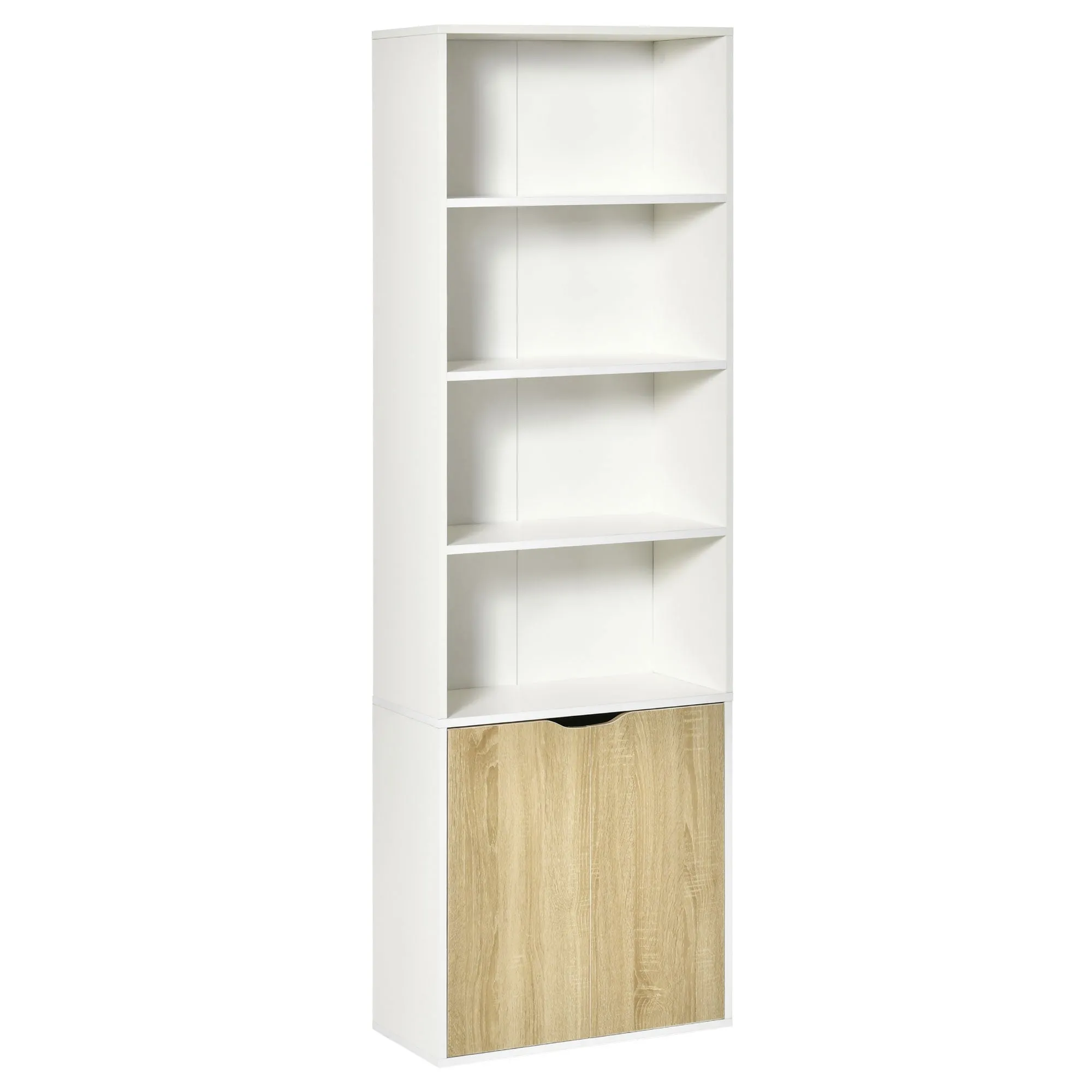 6 Tier Tall Bookcase White and Oak with 4 Open Shelves Double Door Storage Cabinet 59x29x180cm Freestanding Display Rack for Living Room Bedroom Home Office Study