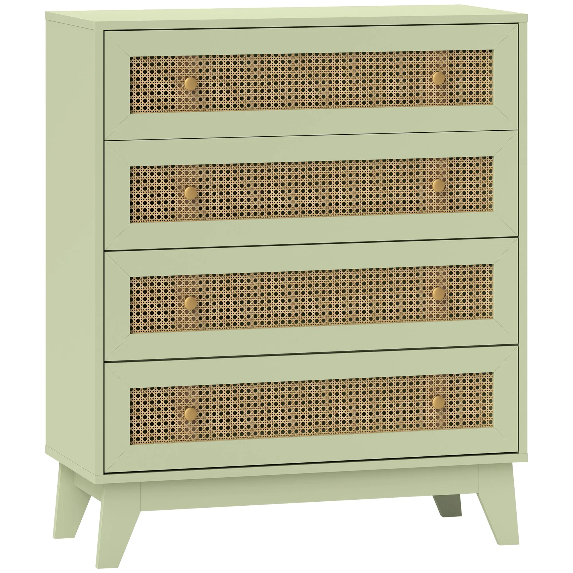 Chest of Drawers Light Green 4-Drawer Storage Organiser Unit with Rattan Element for Bedroom, Living Room