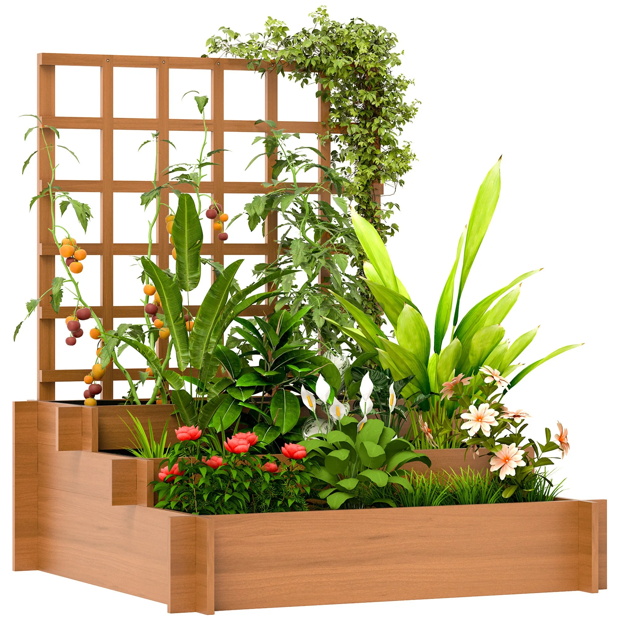 Wooden Raised Beds Brown 95x95x110cm 3 Tier Garden Planters with Trellis for Vine Climbing