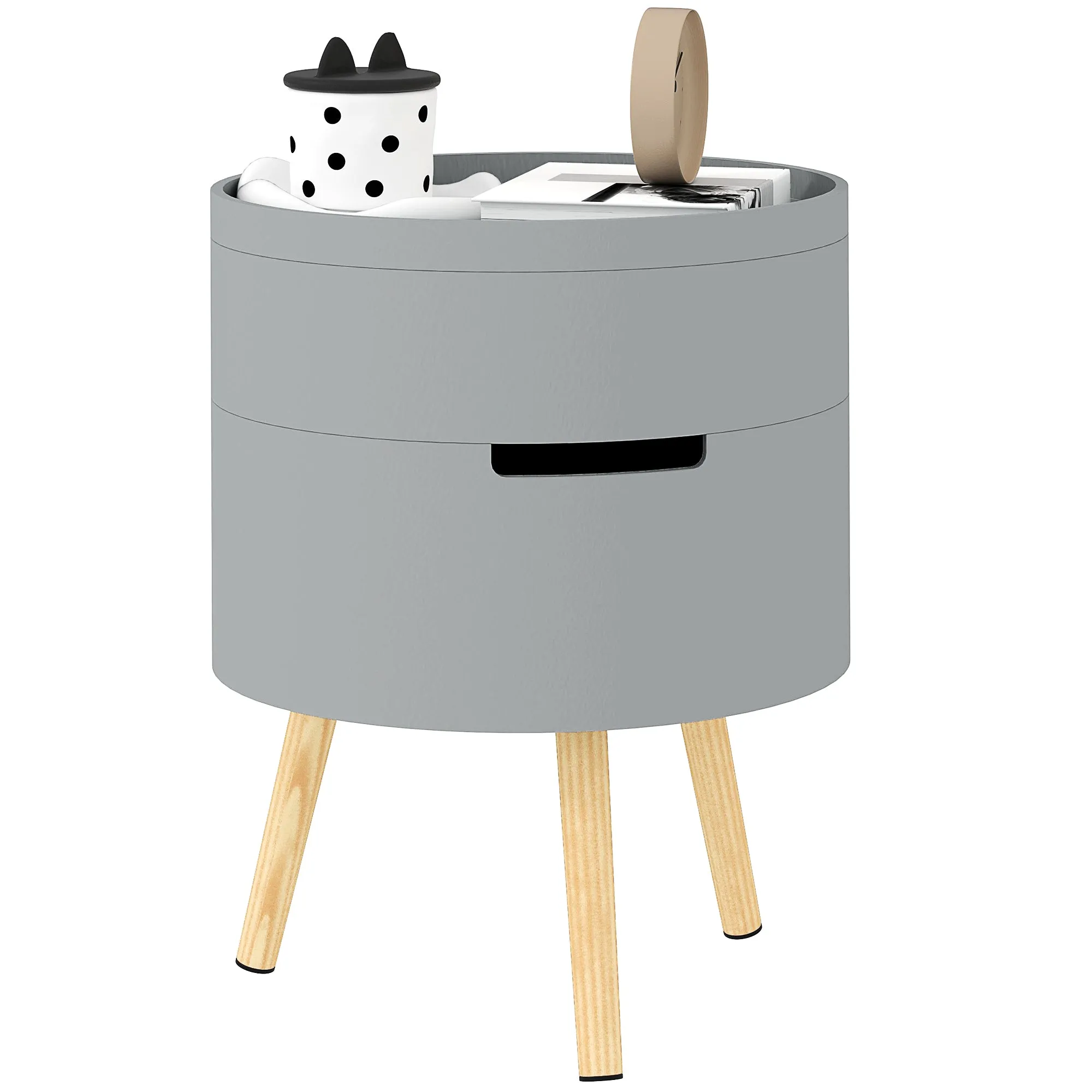 3-Tier Coffee Table Grey Round End Table with 2 Hidden Compartments and Detachable Tray Side Table with Storage for Living Room