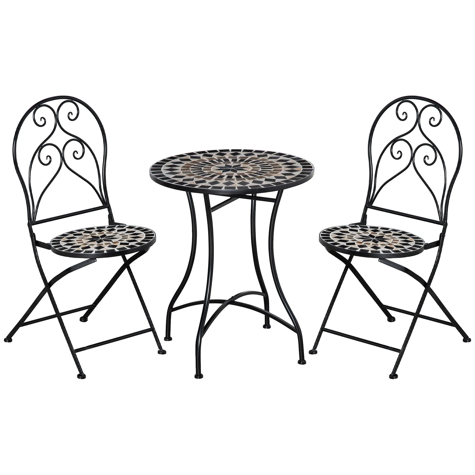 3 Piece Garden Bistro Set with Coffee Table 2 Folding Chairs Mosaic Tile Top Metal Frame