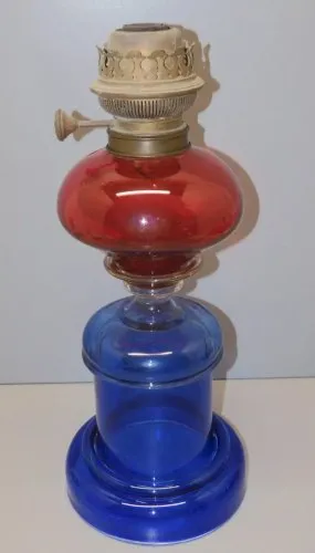 -RARE ANCIENNE GRANDE LAMPE A PETROLE VERRE Soufflé BI COLORE TETE MATADOR 20 D