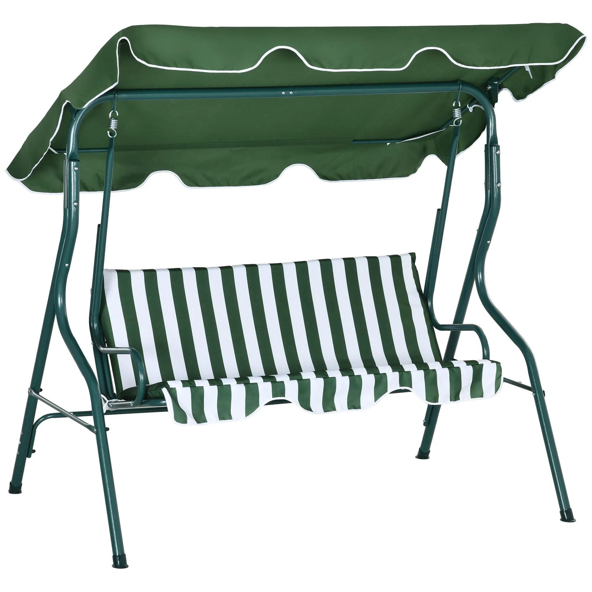 3 Seater Garden Swing Seat Chair Outdoor Bench with Adjustable Canopy and Metal Frame, Green Stripes