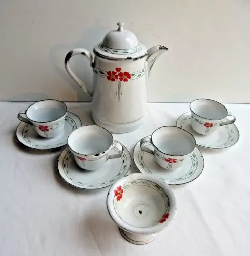 Service à café de dînette, tôle émaillée, 1 cafetière, 4 tasses et 1 sucrier