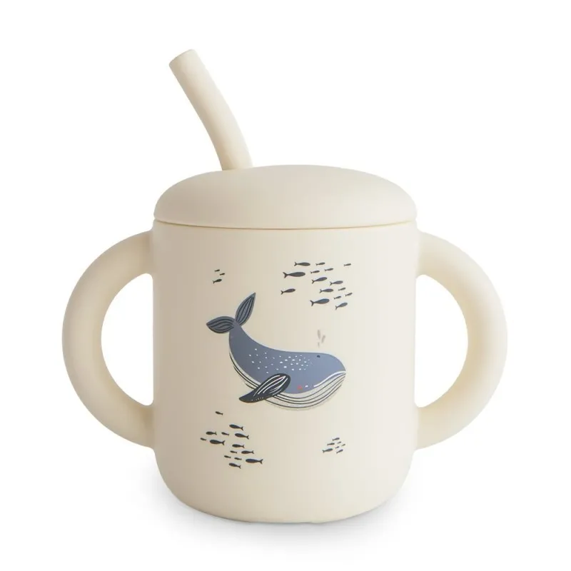 taza didáctica + pajita de silicona mushie whales