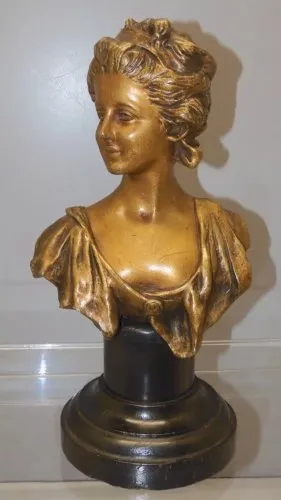 -SUPERBE BUSTE BRONZE JEUNE FEMME signé SVAN DER STRAETEN SOCLE BOIS NOIRCI D