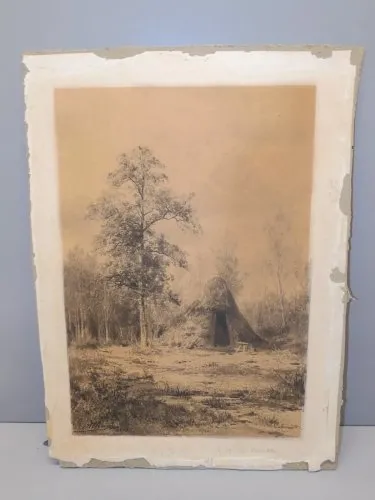 -SUPERBE FUSAIN Signé Allongé et daté 1873 VUE Dune HUTTE en PAILLE SOUS BOIS D