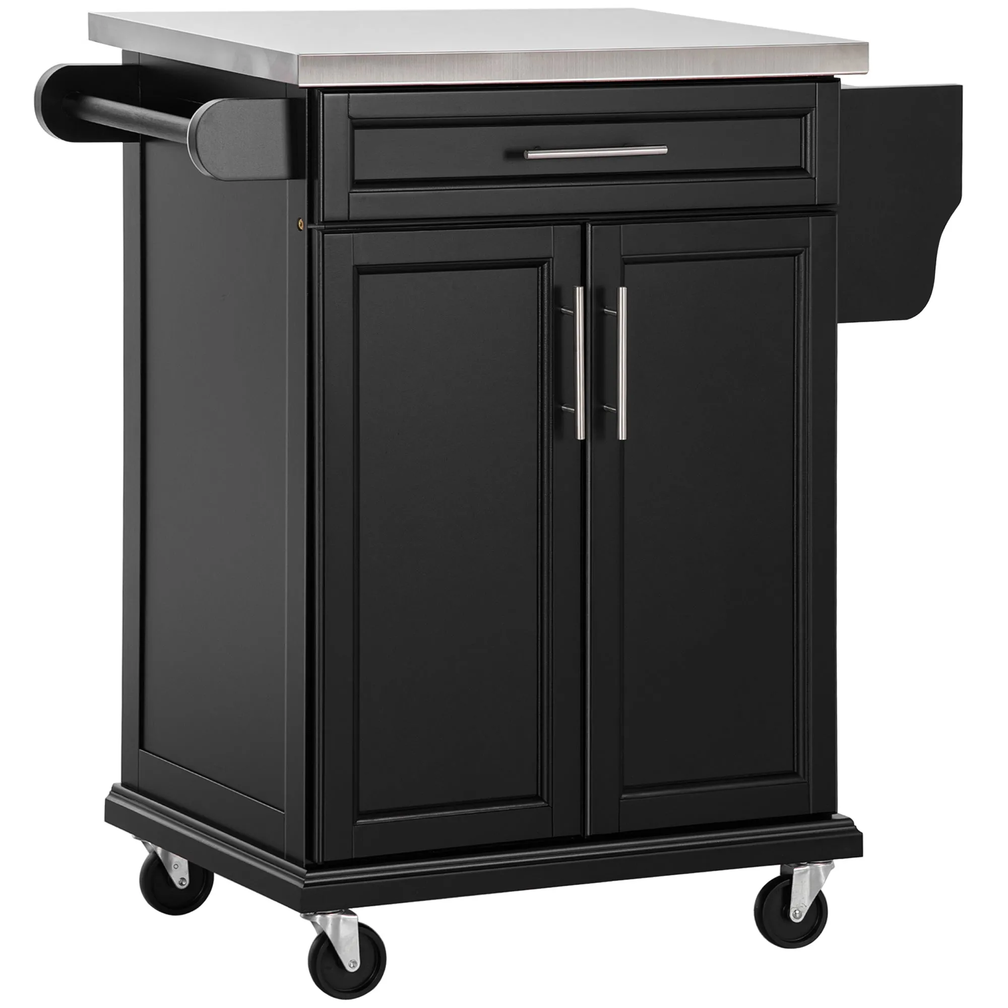 Wooden Kitchen Island on Wheels, Serving Cart Storage Trolley with Stainless Steel Top, Drawer, Side Handle and Rack, Black