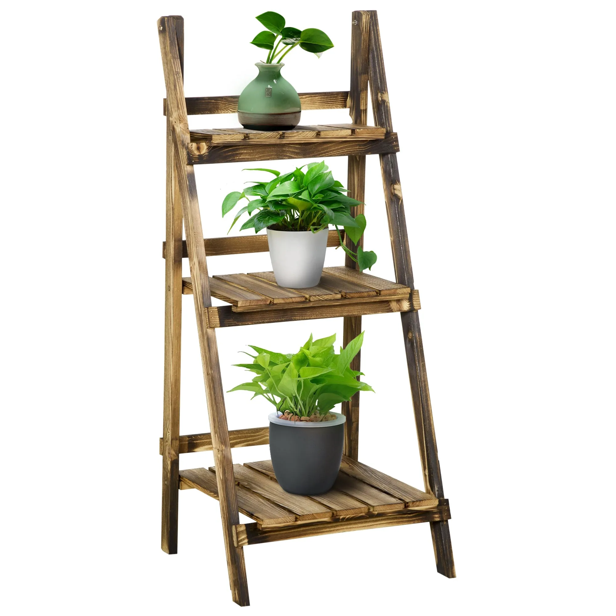 Wooden Folding Flower Pot Stand 3 Tier 40L x 37W x 93H cm Garden Planter Display Ladder