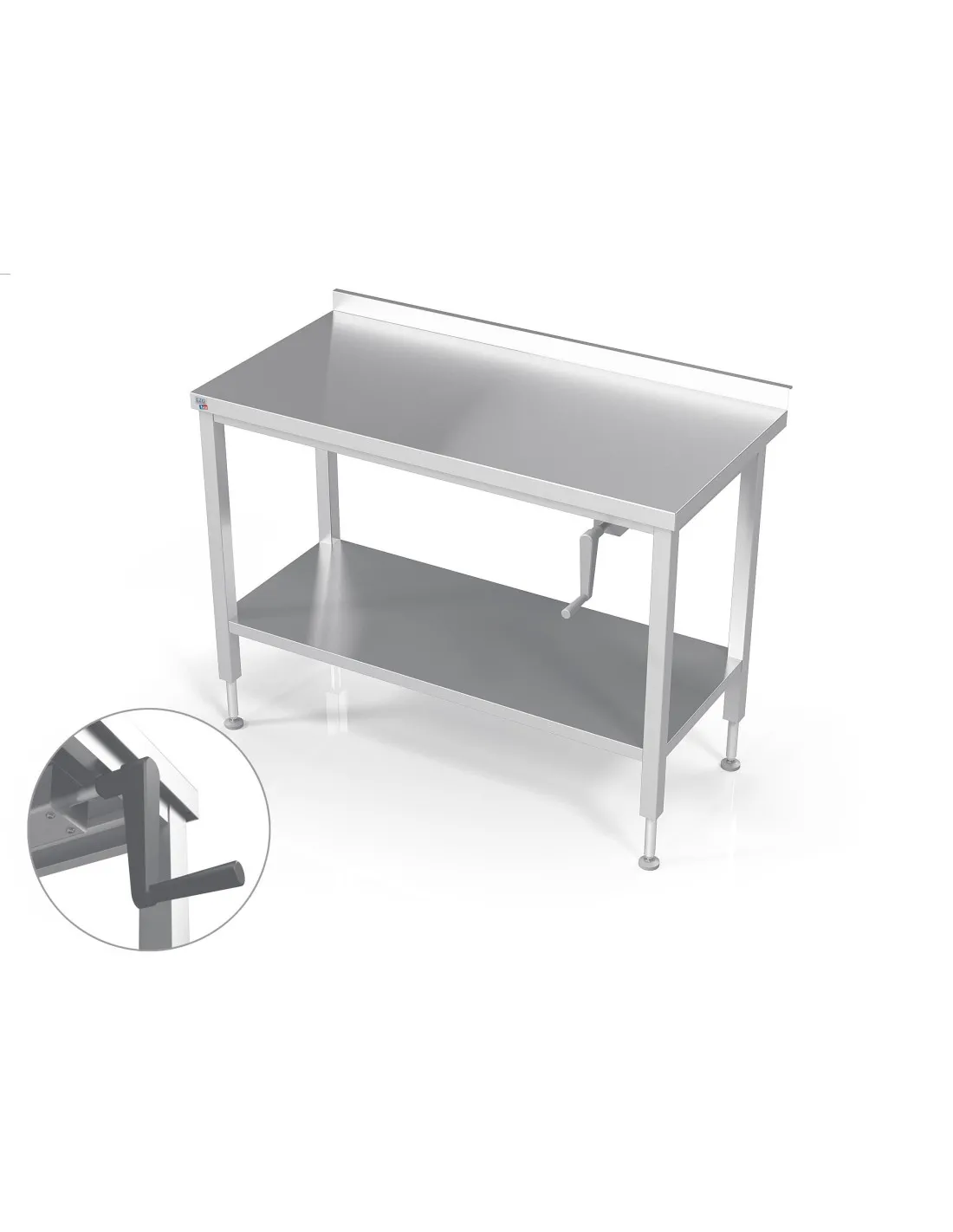 TABLE INOX SOUDEE INOX 304 ADOSSEE CONFOR'TABLE + ETAGERE. REGLABLE EN HAUTEUR PAR MANIVELLE L (en mm) : 1 000 - P (en mm) : 700