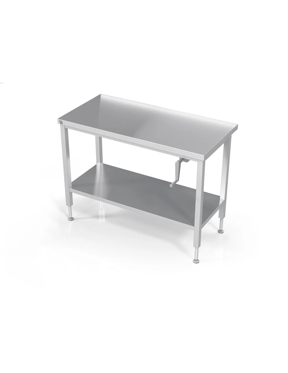 TABLE INOX SOUDEE INOX 304 CENTRALE CONFOR'TABLE + ETAGERE. REGLABLE EN HAUTEUR PAR MANIVELLE L (en mm) : 1 600 - P (en mm) : 70