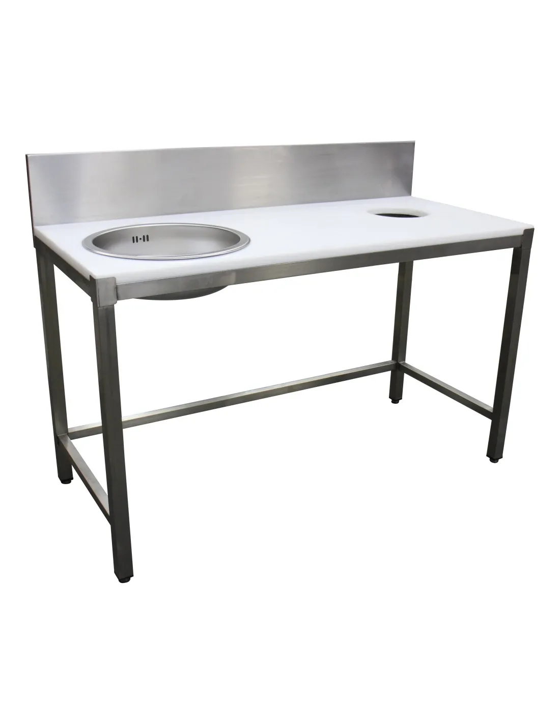 TABLE PREPARATION POISSON 1 BAC. SANS TIROIR DESSUS POLY BLANC EP.25 MM. DOSSERET 200X20 MM 1 BAC A GAUCHE AVEC TROU POUR DOUCHE