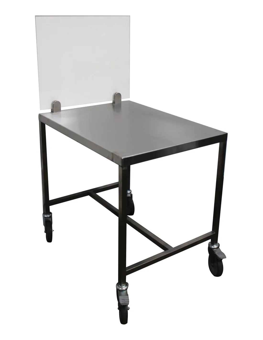 TABLE SUPPORT TRANCHEUR INOX 304 DESSUS EP.15/10 PARE-HAELEINE PLEXI. 600X500X EP.6MM PIETEMENT EN TUBE 25X25 MM 4 VERINS REGLAB