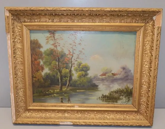 -TABLEAU HSC signé CEDONI CADRE BOIS Doré PAYSAGE LACUSTRE BORD de RIVIERE D