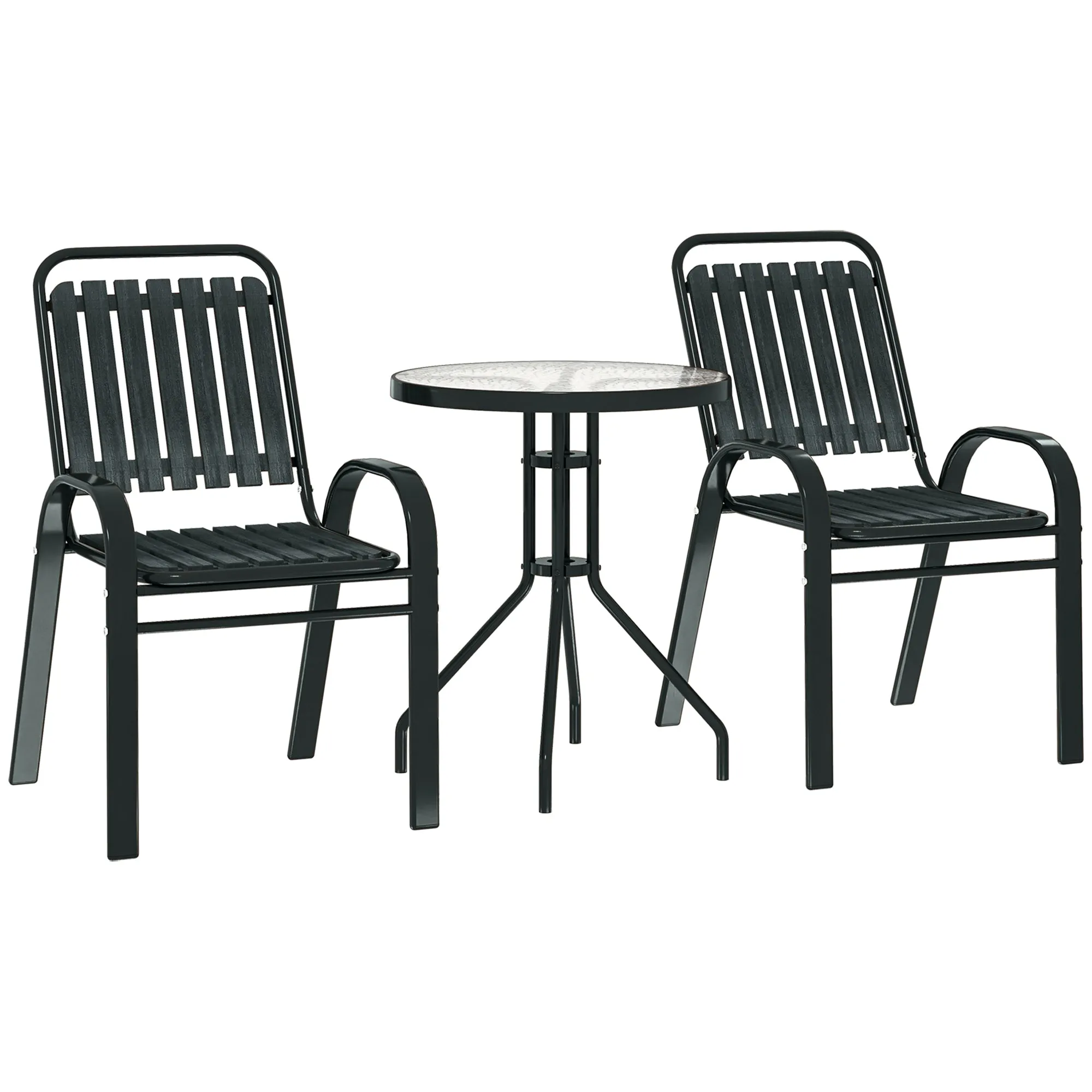 3 Pieces Patio Bistro Set with Stackable Chairs Tempered Glass Table Charcoal Grey