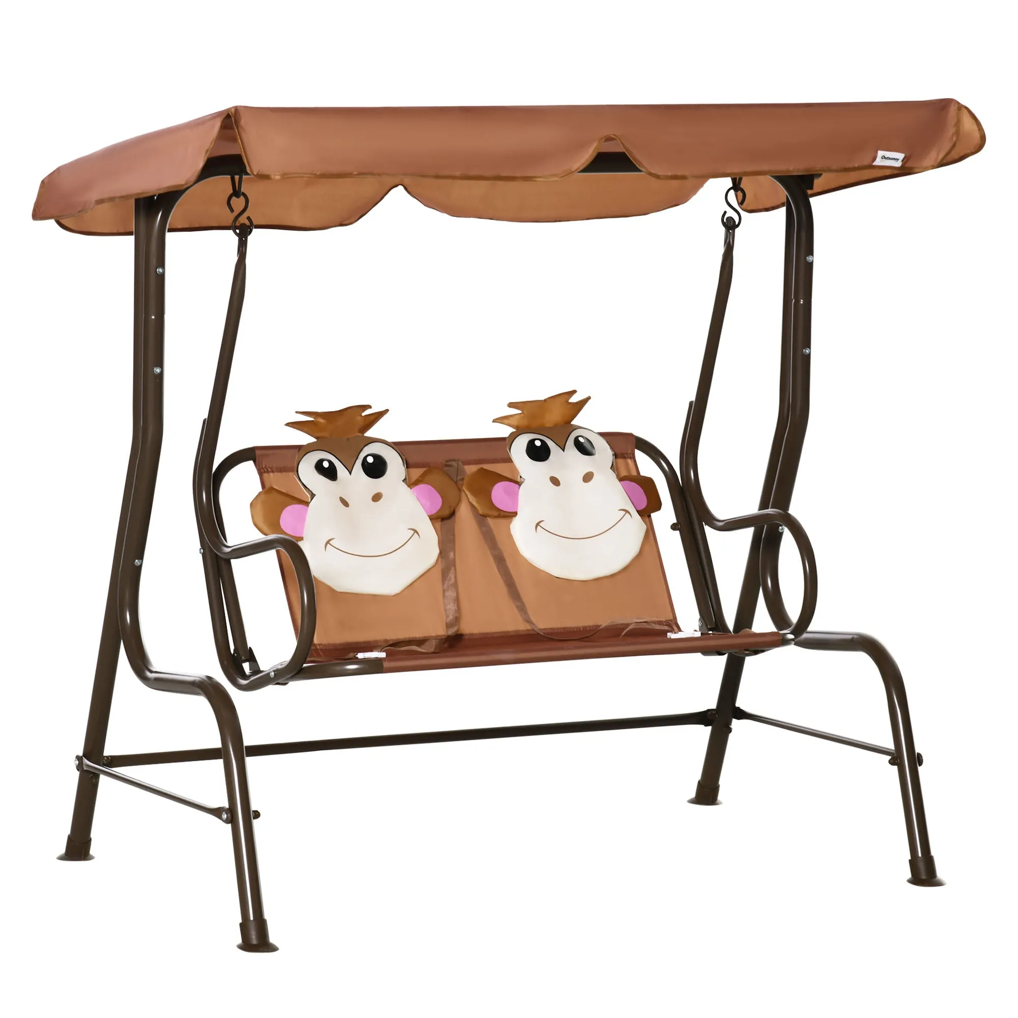 2 Seater Kids Garden Swing Seat, Children Outdoor Patio Lounge Chair w/ Adjustable Awning, Seatbelt, Monkey Pattern, Brown