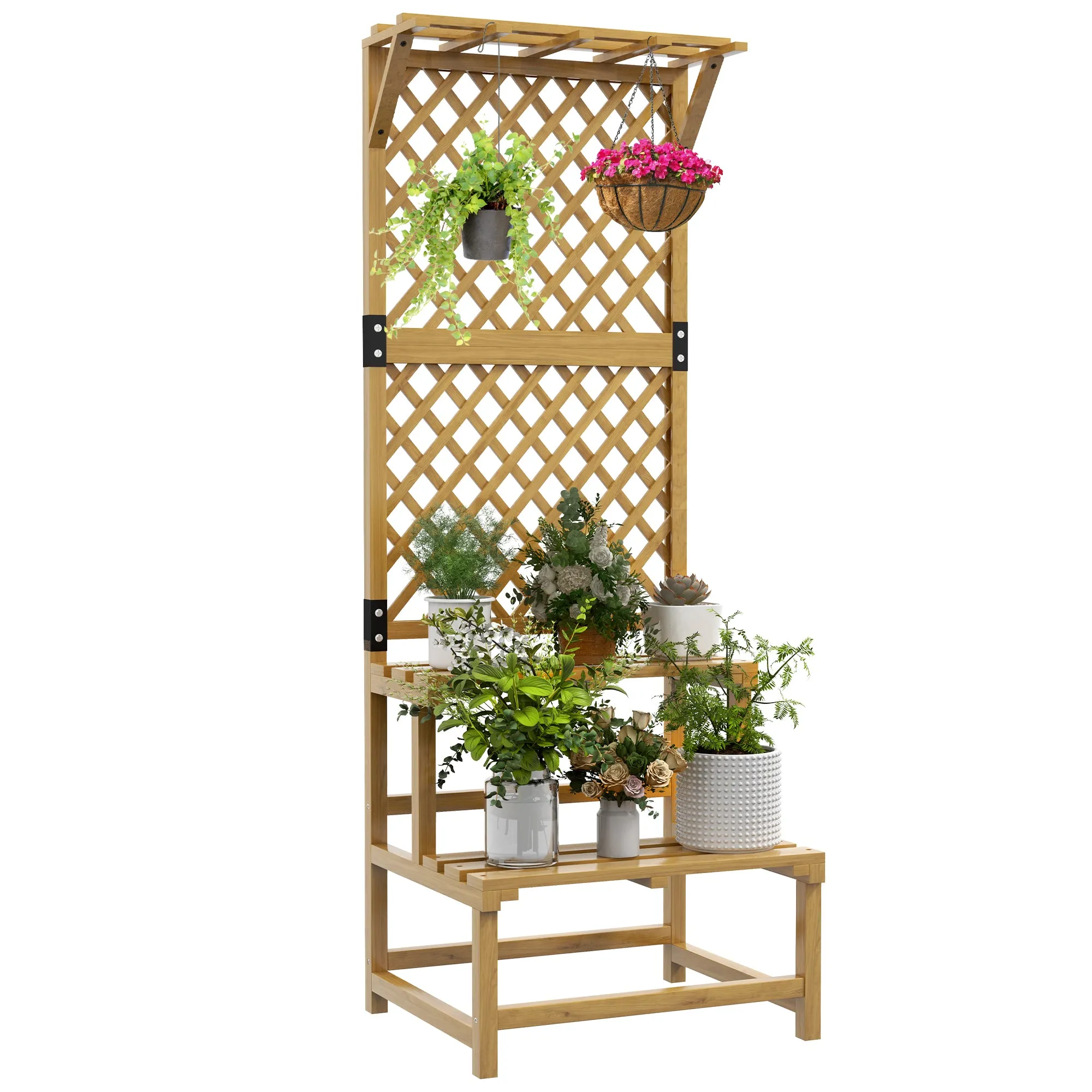 Wooden Plant Stand Natural Finish with Trellis