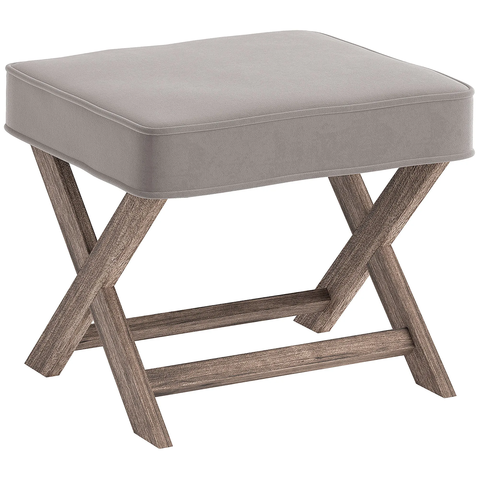 Vintage Footstool Grey 49.5 x 45 x 41 cm Padded Seat Velvet Cover X Leg Shabby Chic Footrest Solid Rubber Wood Frame