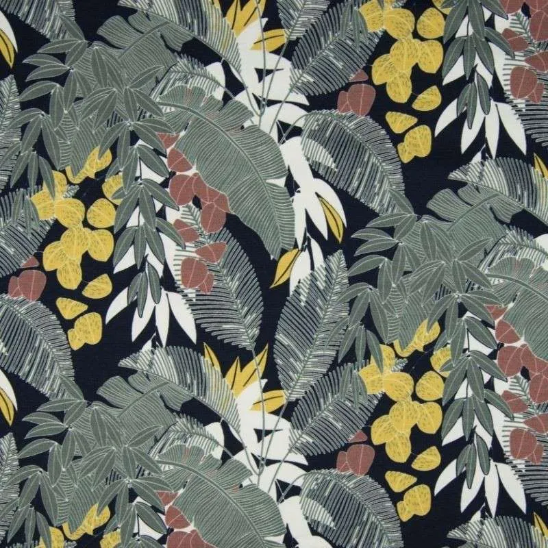 Tissu Coton Bio Feuille Multico Fond Marine