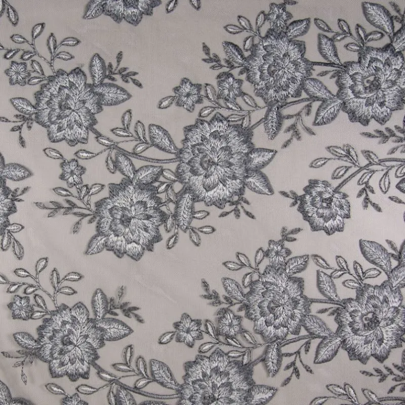 Tissu Fleurs Brodées Sur Tulle Gris