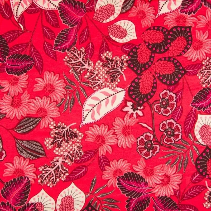 Tissu Viscose Support Jersey Imprimé Fleurs Fond Corail
