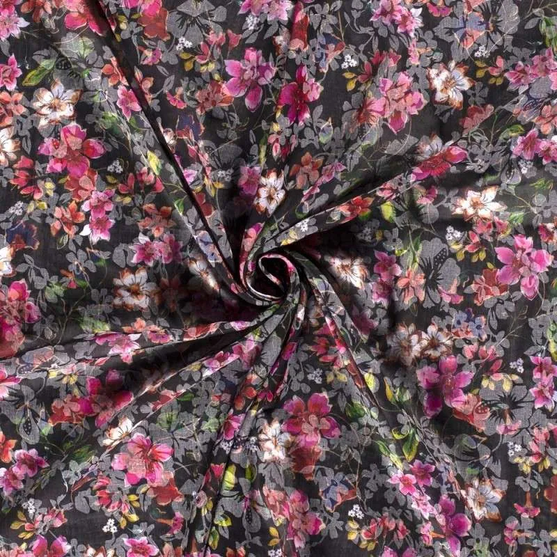 Tissu Voile Imprimé Fleur Marine