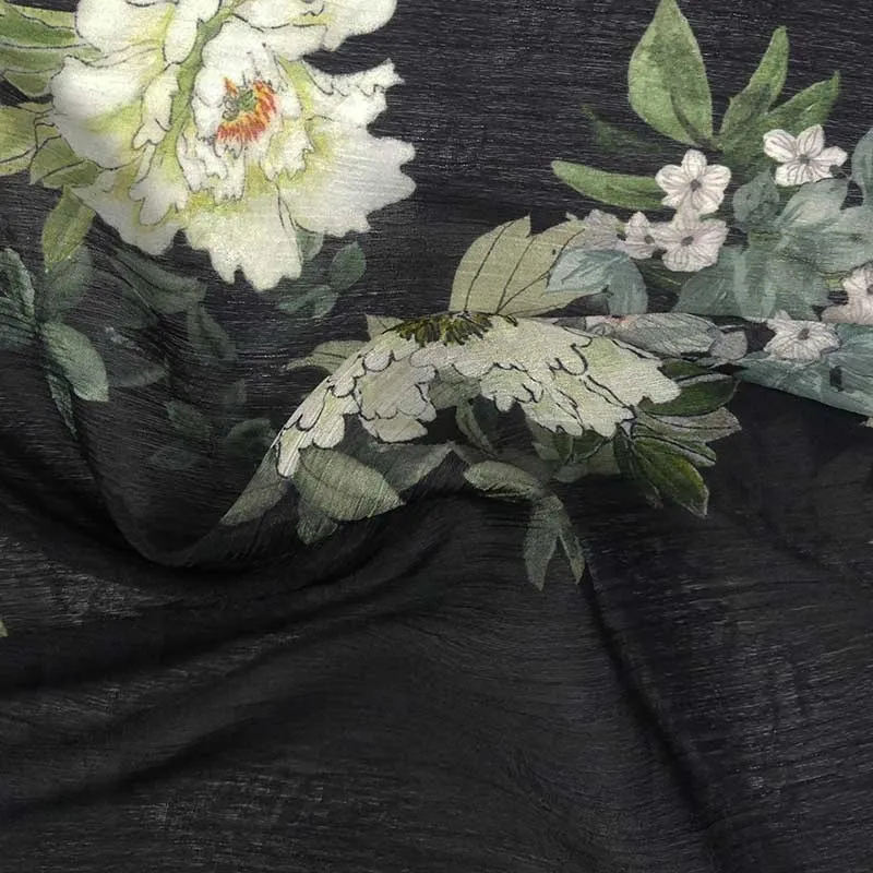 Tissu Voile Plissé Imprimé Noir