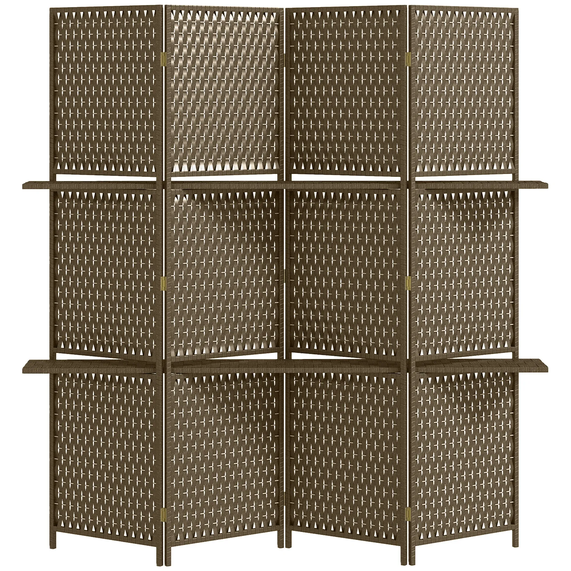 4-Panel Room Dividers with Shelves 180cm Brown Wave Fibre Freestanding Folding Privacy Screen Panels Partition Wall Divider for Indoor Bedroom Office