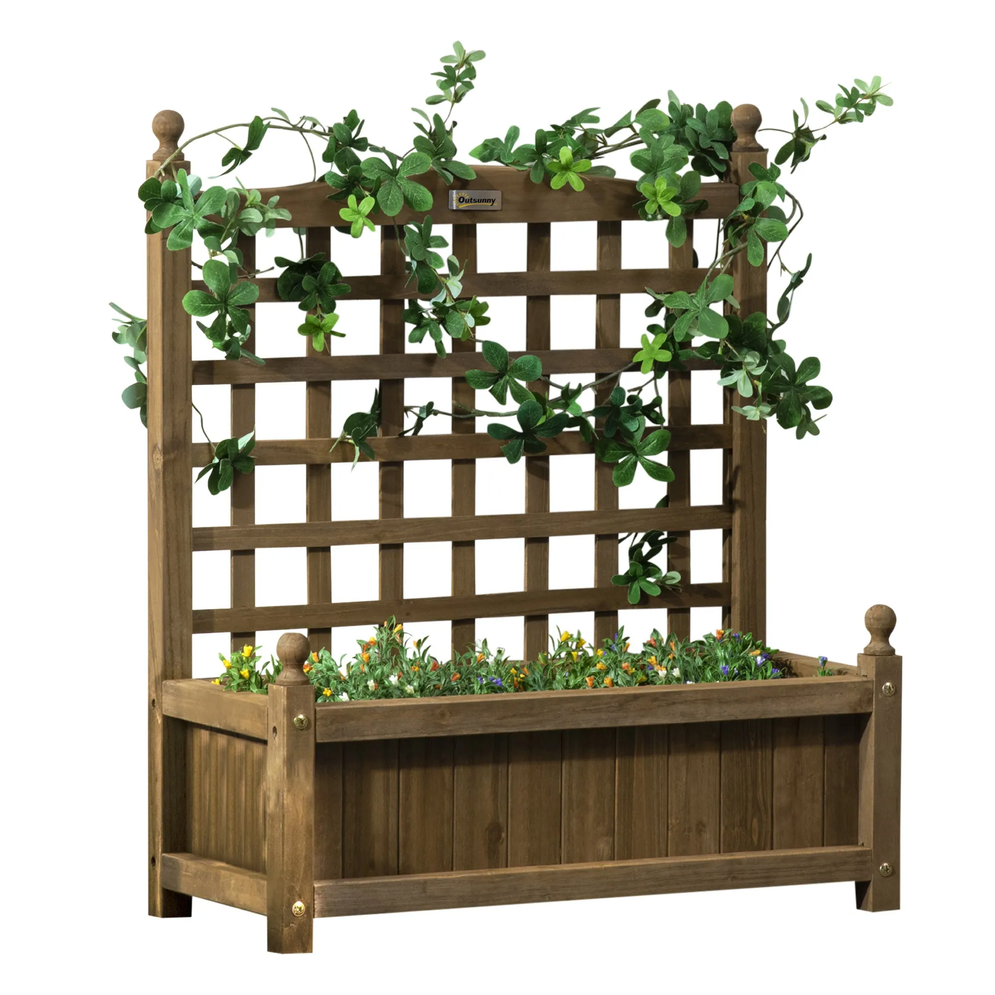 Wooden Garden Planters Brown with Trellis for Climbing Vines Raised Beds Flower Pot Indoor Outdoor