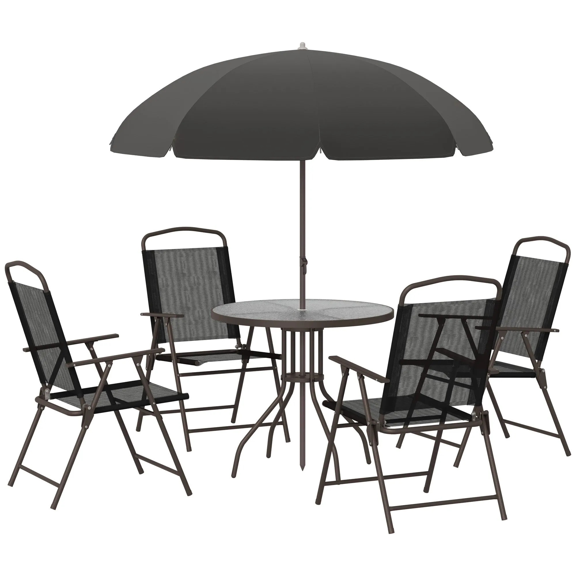 6 Piece Garden Dining Set with Umbrella Parasol 4 Folding Chairs Round Tempered Glass Table Black