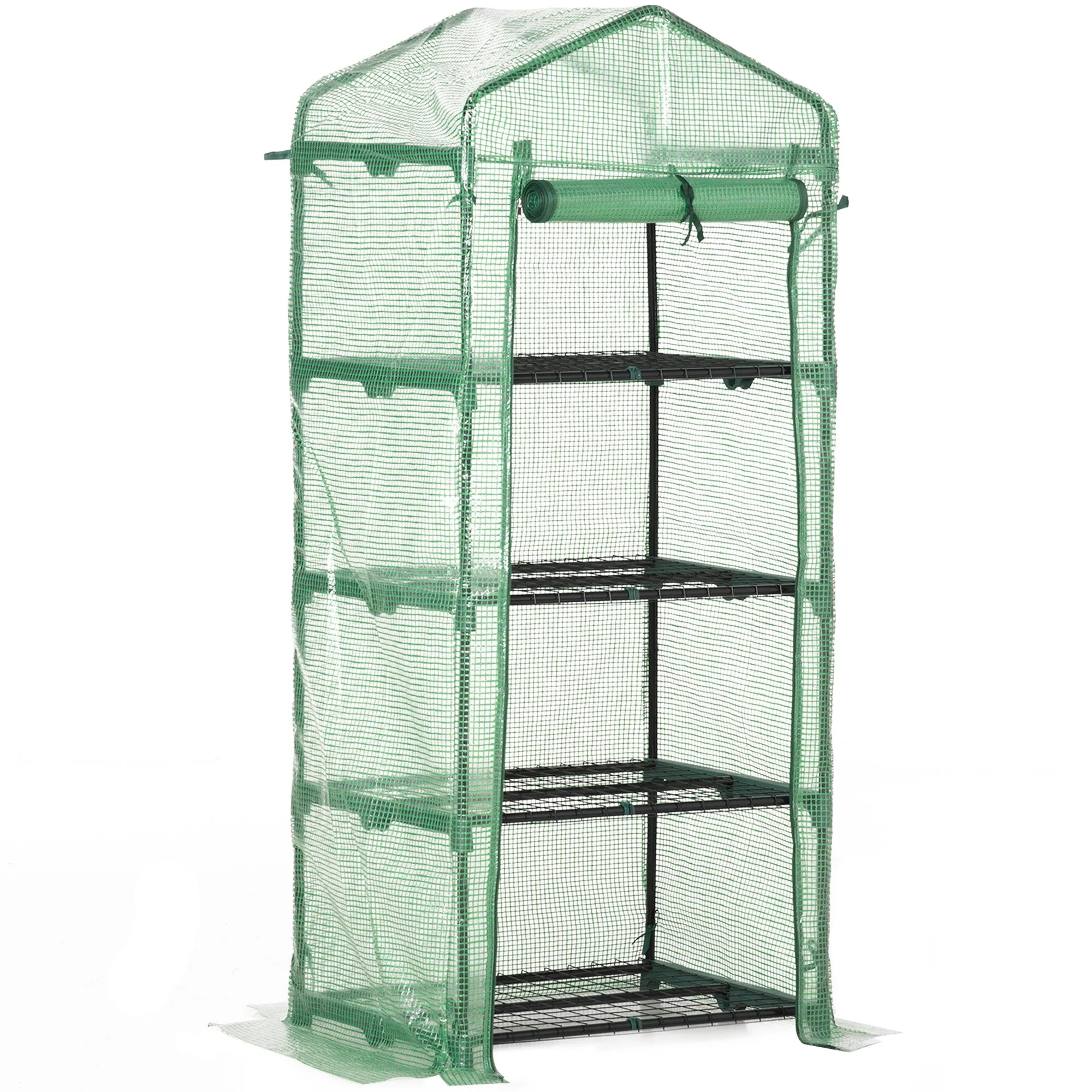 4 Tier Mini Greenhouse 70 x 50 x 160 cm Green Portable Compact with Steel Frame PE Cover Roll-up Door