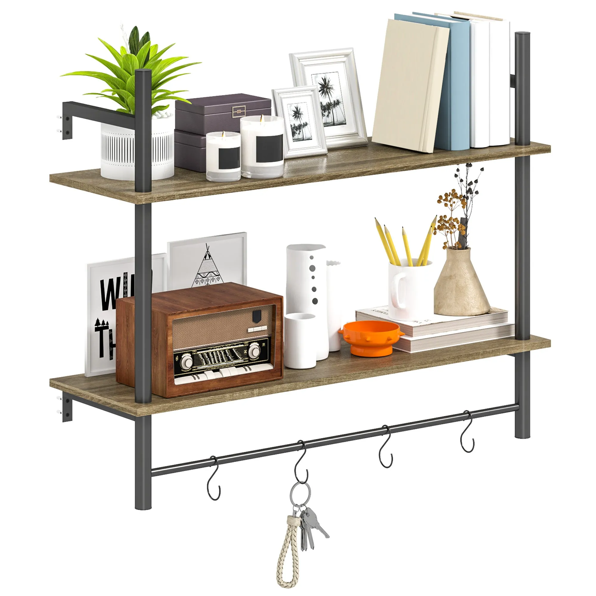 Wall Mounted Floating Shelves Grey with 4 Hooks Rustic Wall Shelf Unit for Living Room Entryway