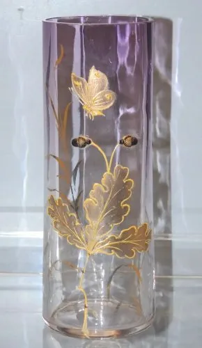 -VASE VERRE dégradé Mauve LEGRAS MONTJOYE PAPILLON FEUILLES GLANDS or émail  D