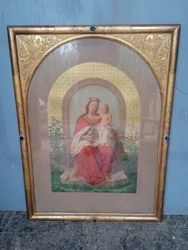 Vierge à lenfant cadre feuille dor et cabochon serti ep XIX em