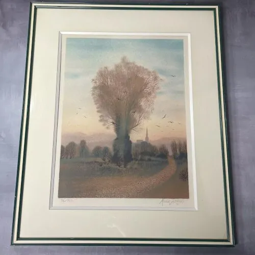 XAVIER DEGANS lithographie 36/150 encadré arbre aux oiseaux paysage d'automne