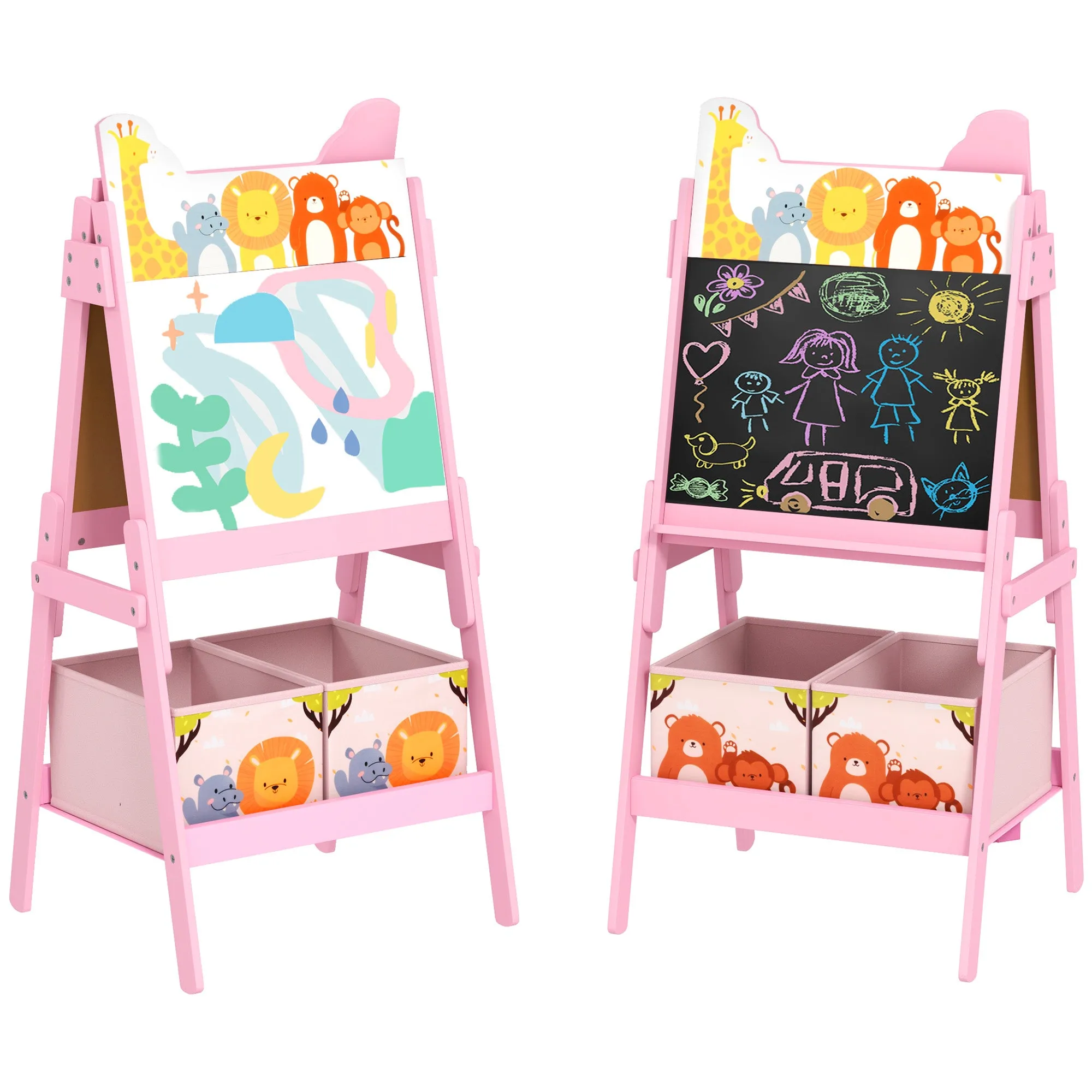 2 in 1 Kids Easel with Whiteboard, Chalkboard, Storage Boxes, for Ages 3-8 Years, Pink