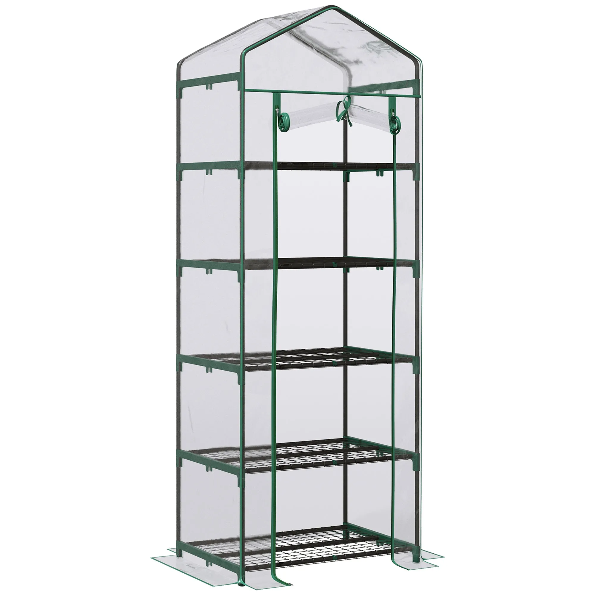 5 Tier Mini Greenhouse 69 x 49 x 193cm Green Small Walk-in with Reinforced Plastic Cover Garden Grow House Roll Up Door Shelves