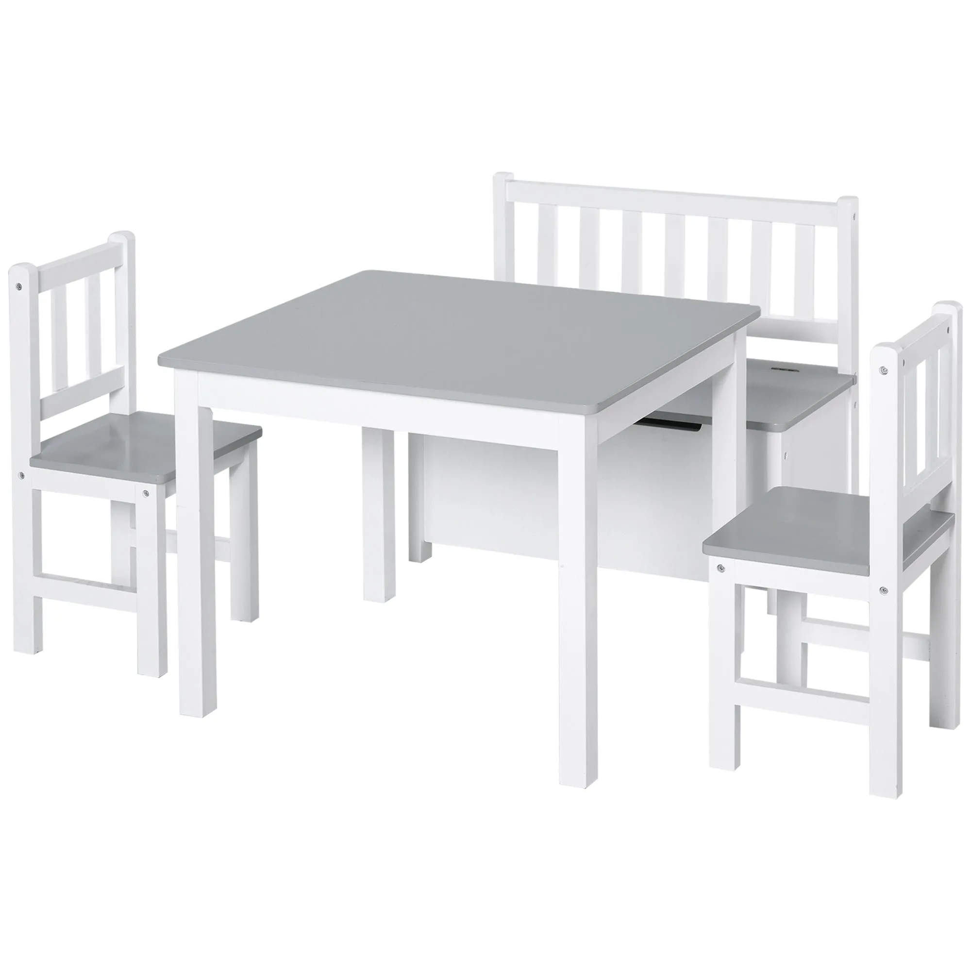 4 Piece Kids Table and Chair Set with 2 Wooden Chairs, 1 Storage Bench, and Interesting Modern Design, Grey/White