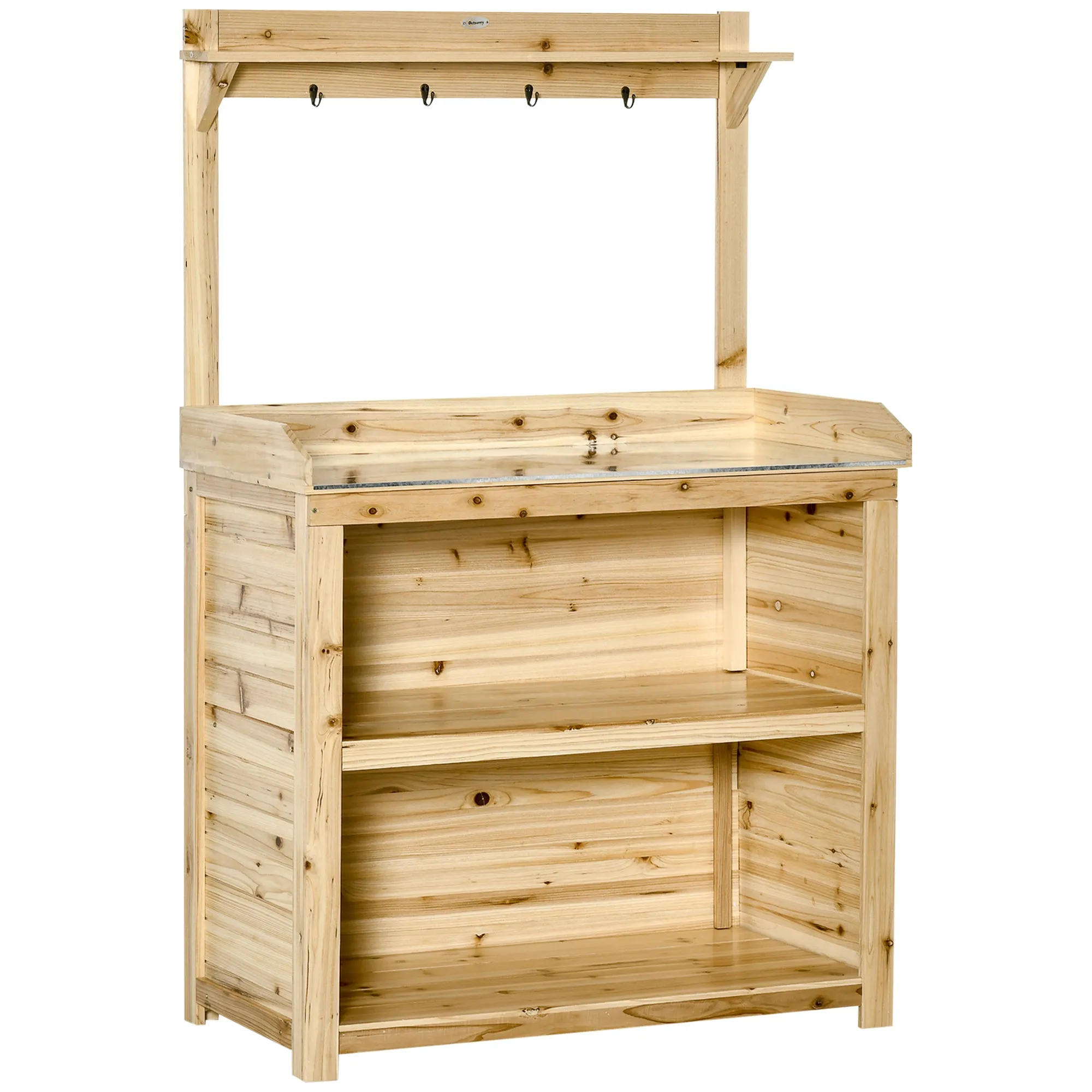 Wooden Garden Potting Bench Table Natural with Galvanized Metal Tabletop Storage Shelves Hooks